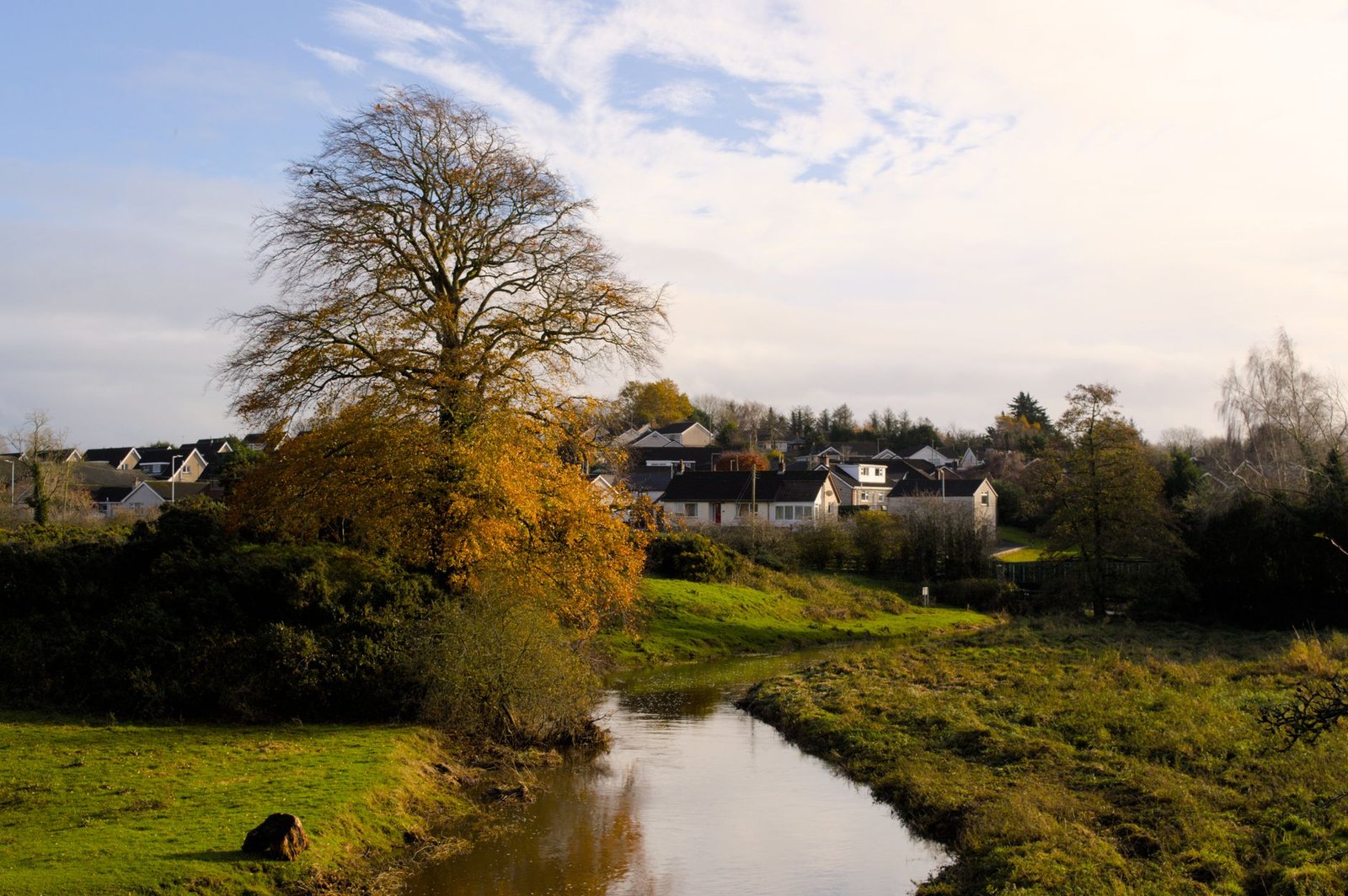 Picturesque view of a rural village in Lisburn, Northern Ireland with lush greenery and a river.