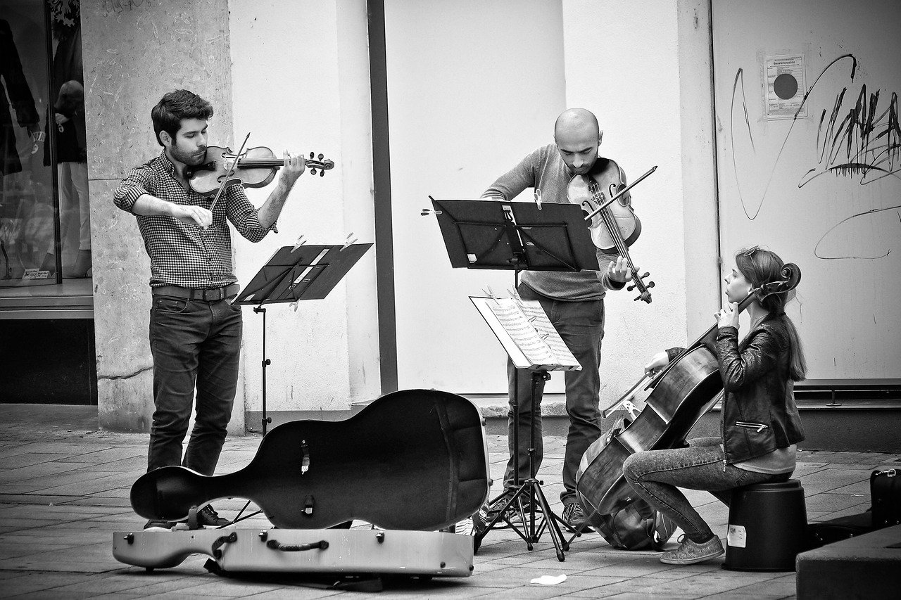 musician, street scene, street musicians, city scene, black-and-white, street artists, people, city, urban, music, violin, ce