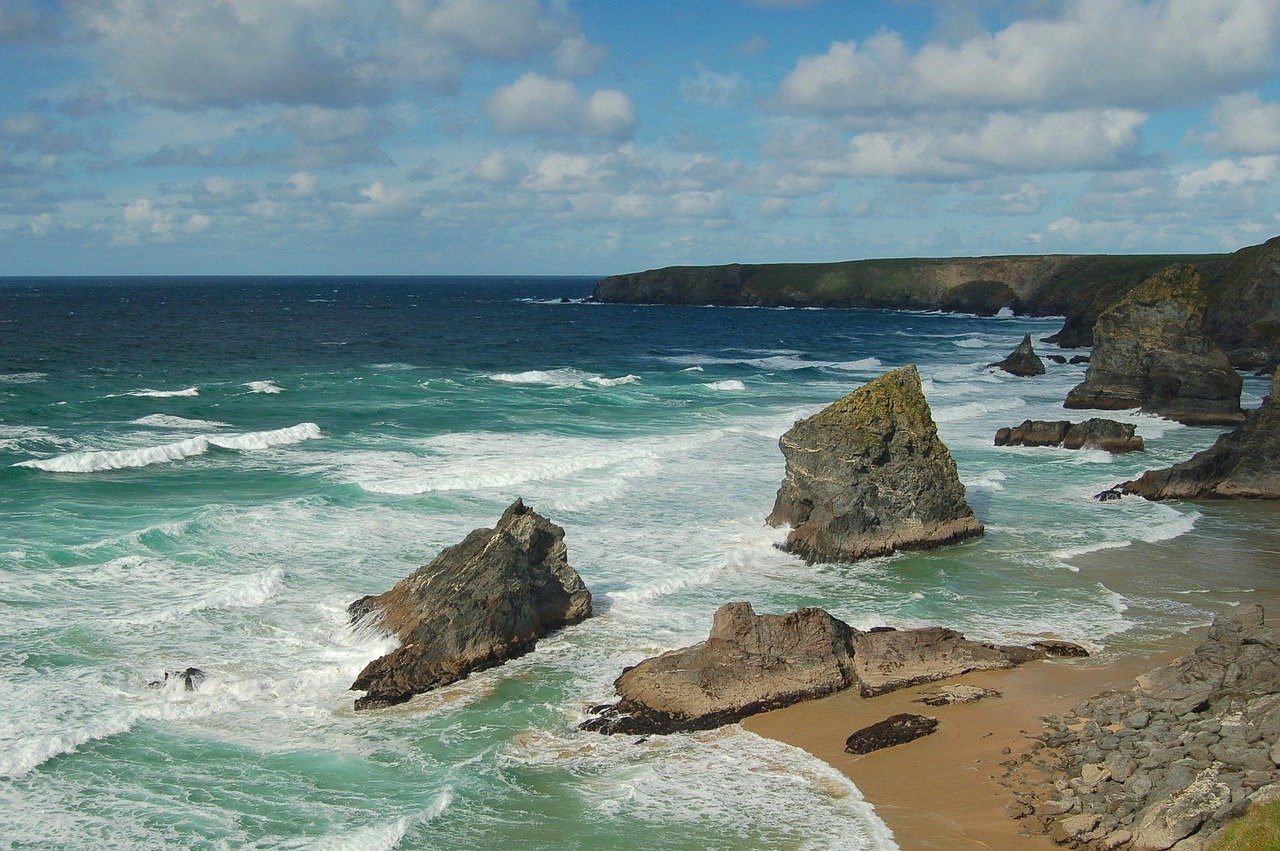 cornwall, england, united kingdom, sky, clouds, nature, scenic, sea, ocean, water, rocks, beach