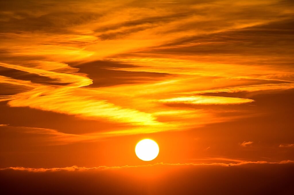 sun, sunset, setting sun, evening atmosphere, evening sky, clouds, heaven, nature, afterglow, evening sun, mood, shining, rom