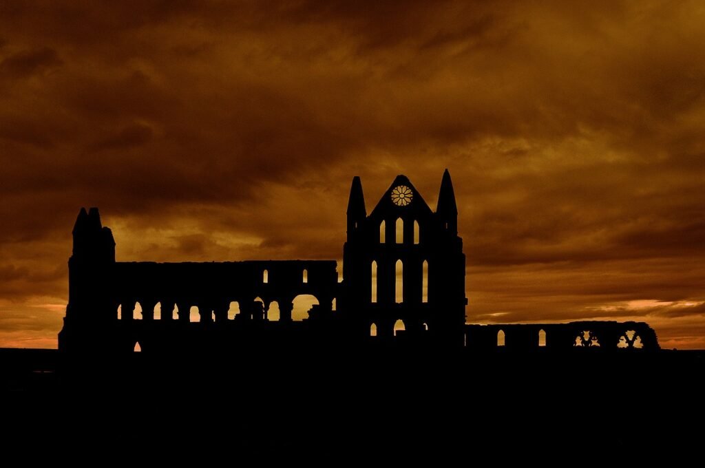 whitby, eve, sunset, heaven, yorkshire, england, united kingdom, abbey, ruin, church, expired, nature, landmark, europe