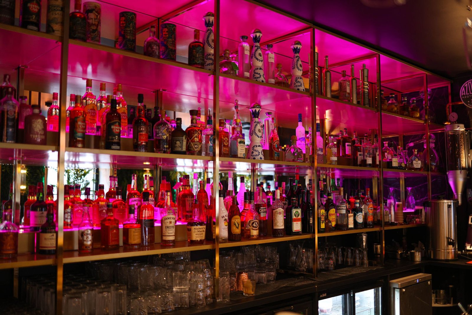 Vibrant bar interior with illuminated shelves showcasing various alcohol bottles.