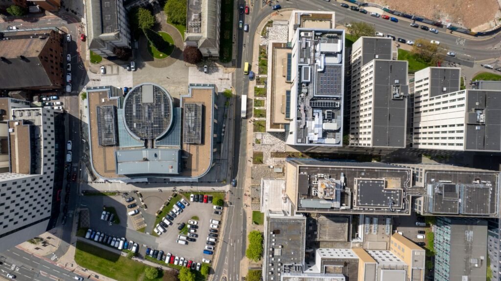A stunning aerial view of Leeds cityscape showcasing modern architecture and urban planning.
