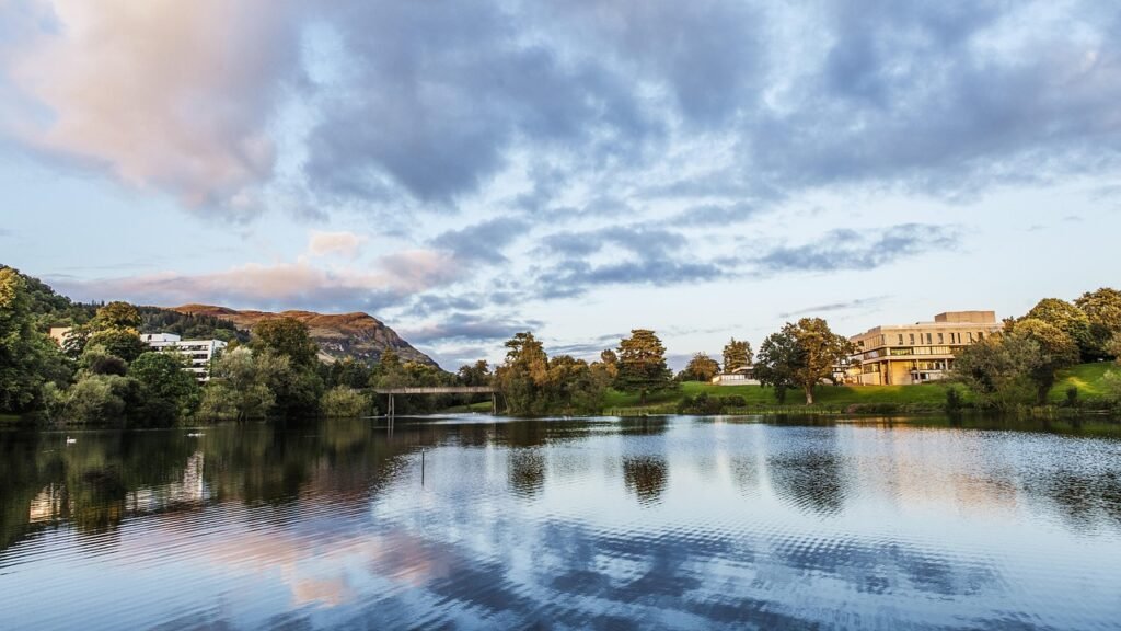 uk, scotland, stirling, university of stirling, the scenery, cloud, lake, reflection, nature, crystal clear