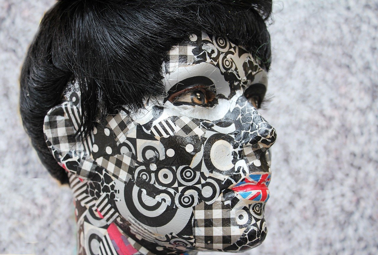 mannequin, puppet, decoration, head, face, template, portrait, woman, pattern on the face, art, female, united kingdom, flag