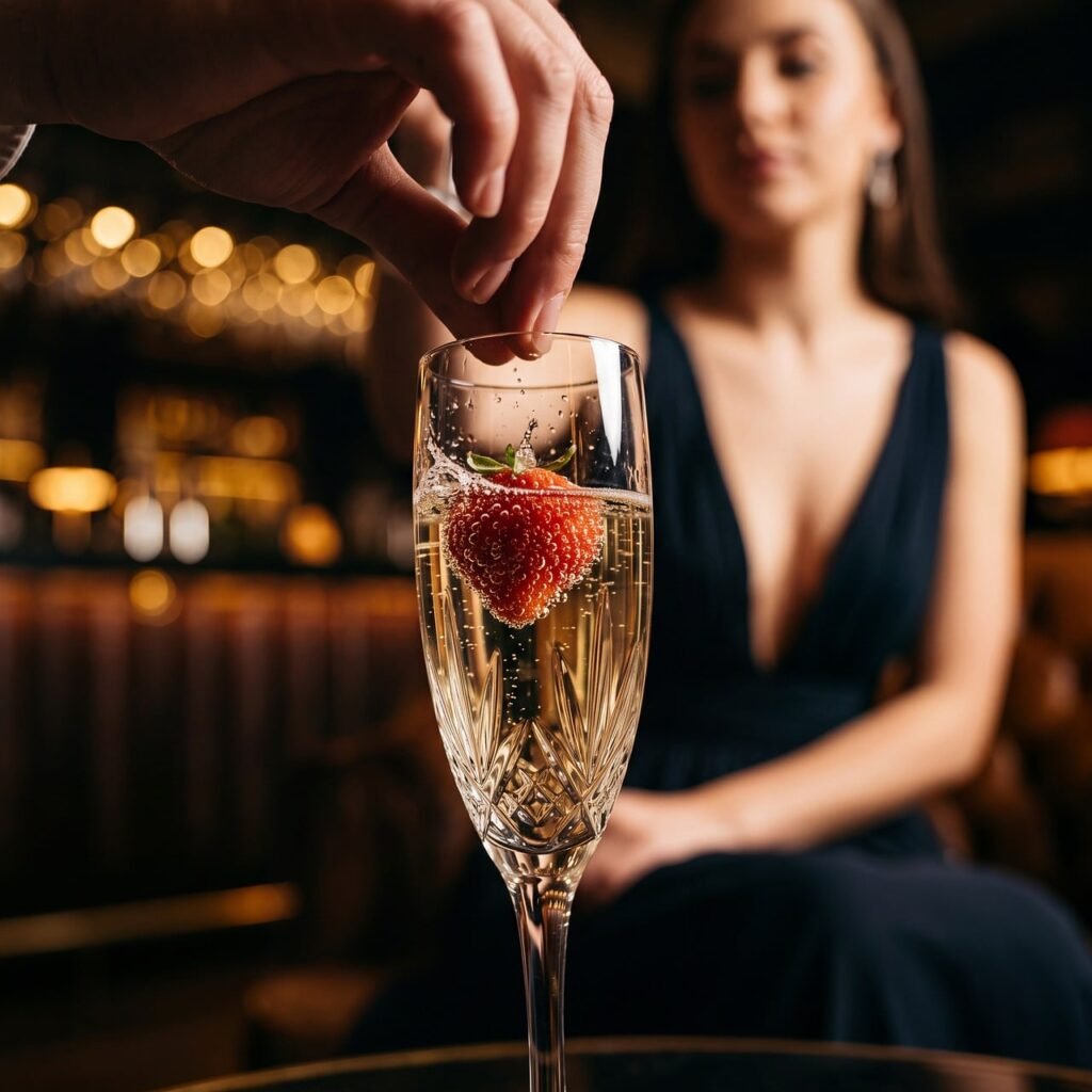 champagne, celebration, glass, strawberry, drink, woman, bar, bubbling, luxury, evening, elegance, social, moment, taste, rom