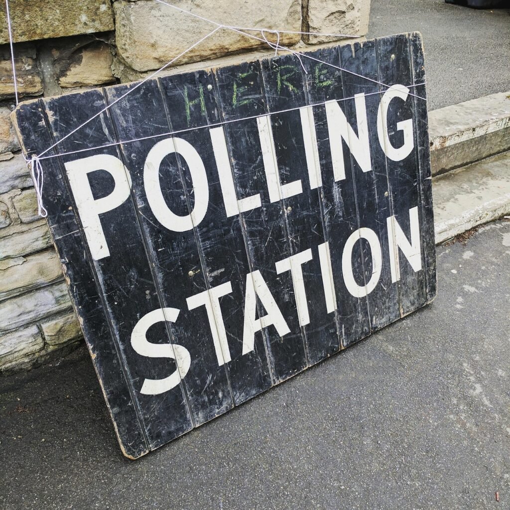 polling station, poll, election day, voting, voters, blackboard, chalkboard, sign, signage, uk, united kingdom, street signs,