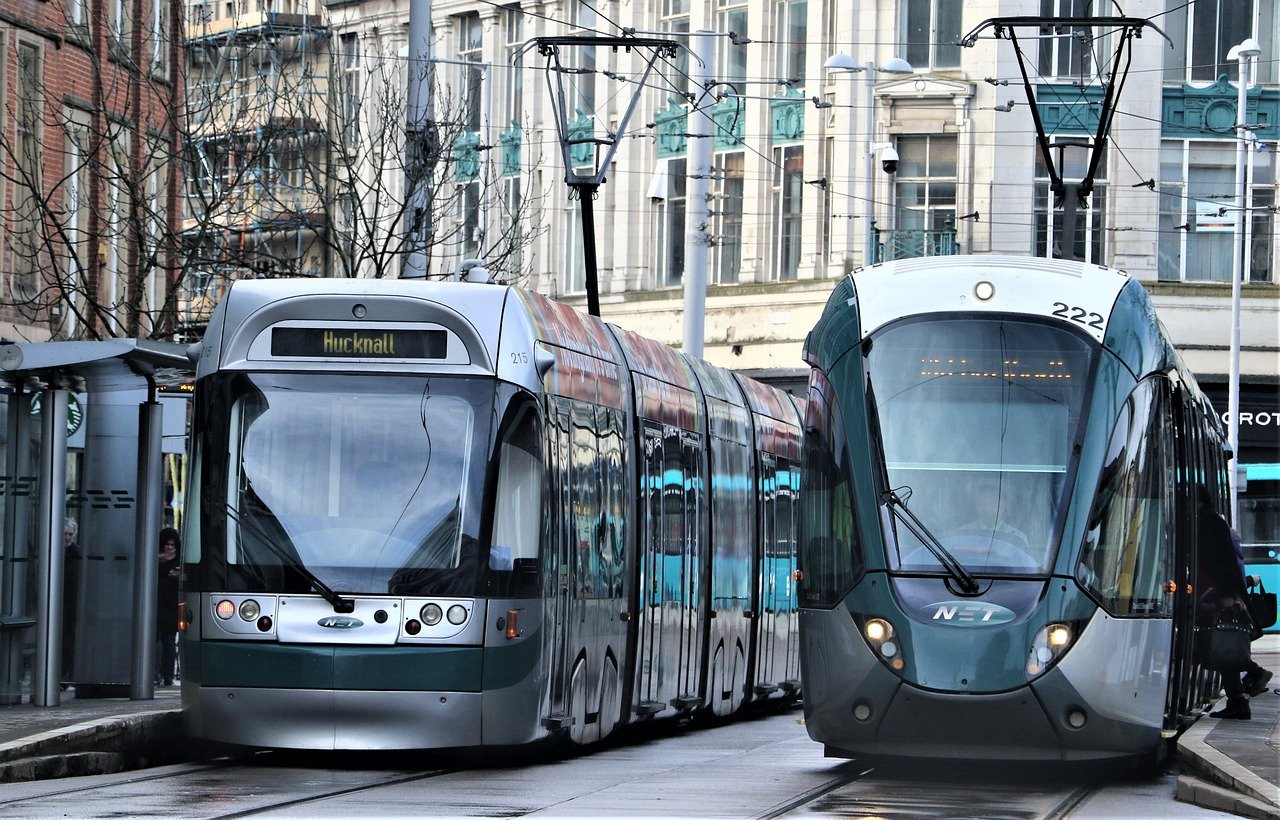 trams, bus, city, ride, transport, traffic, transportation, travel, passengers, uk, nottingham, tramlines, blue bus, nottingh