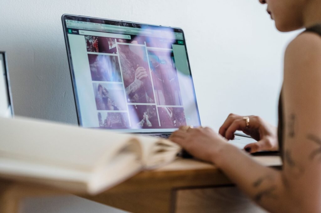 Person reviewing an online directory privately on a laptop