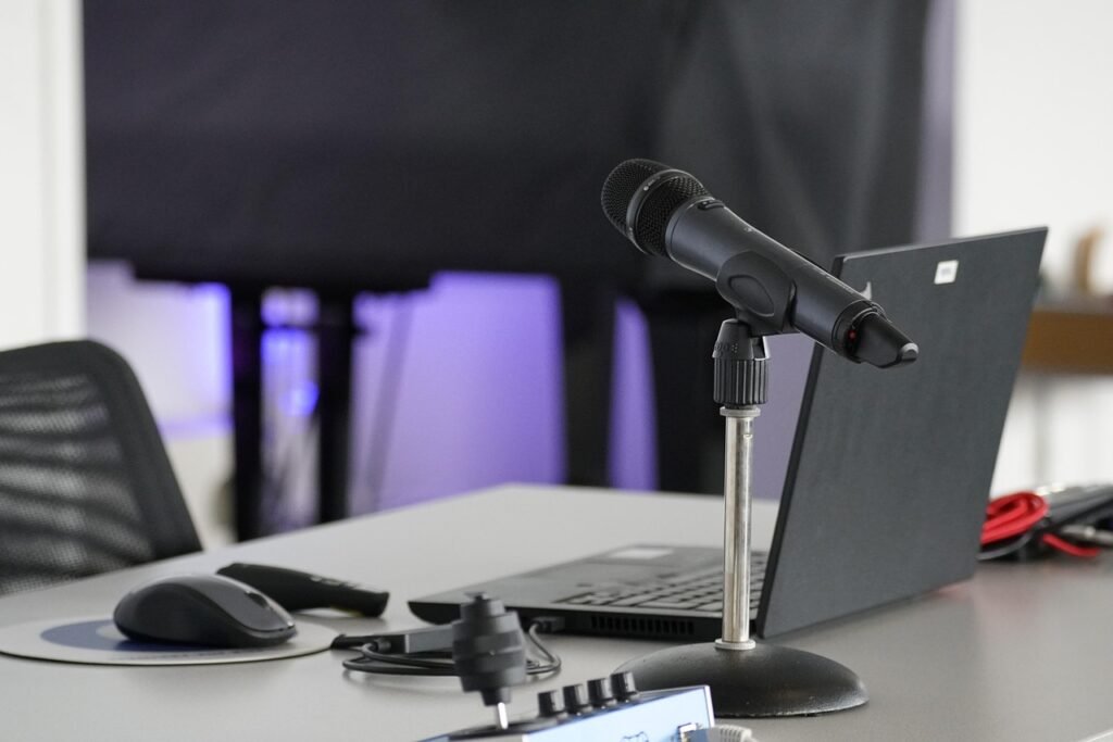 laptop, conference table, mouse, work, business, online, remote, microphone, podcast, podcast, podcast, podcast, podcast, pod