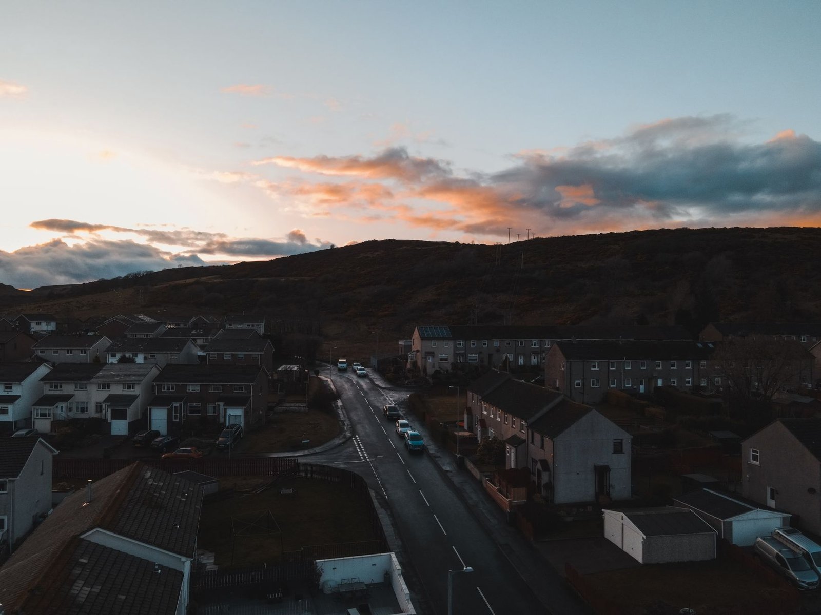 Quiet Kilmarnock town street in Scotland at dusk