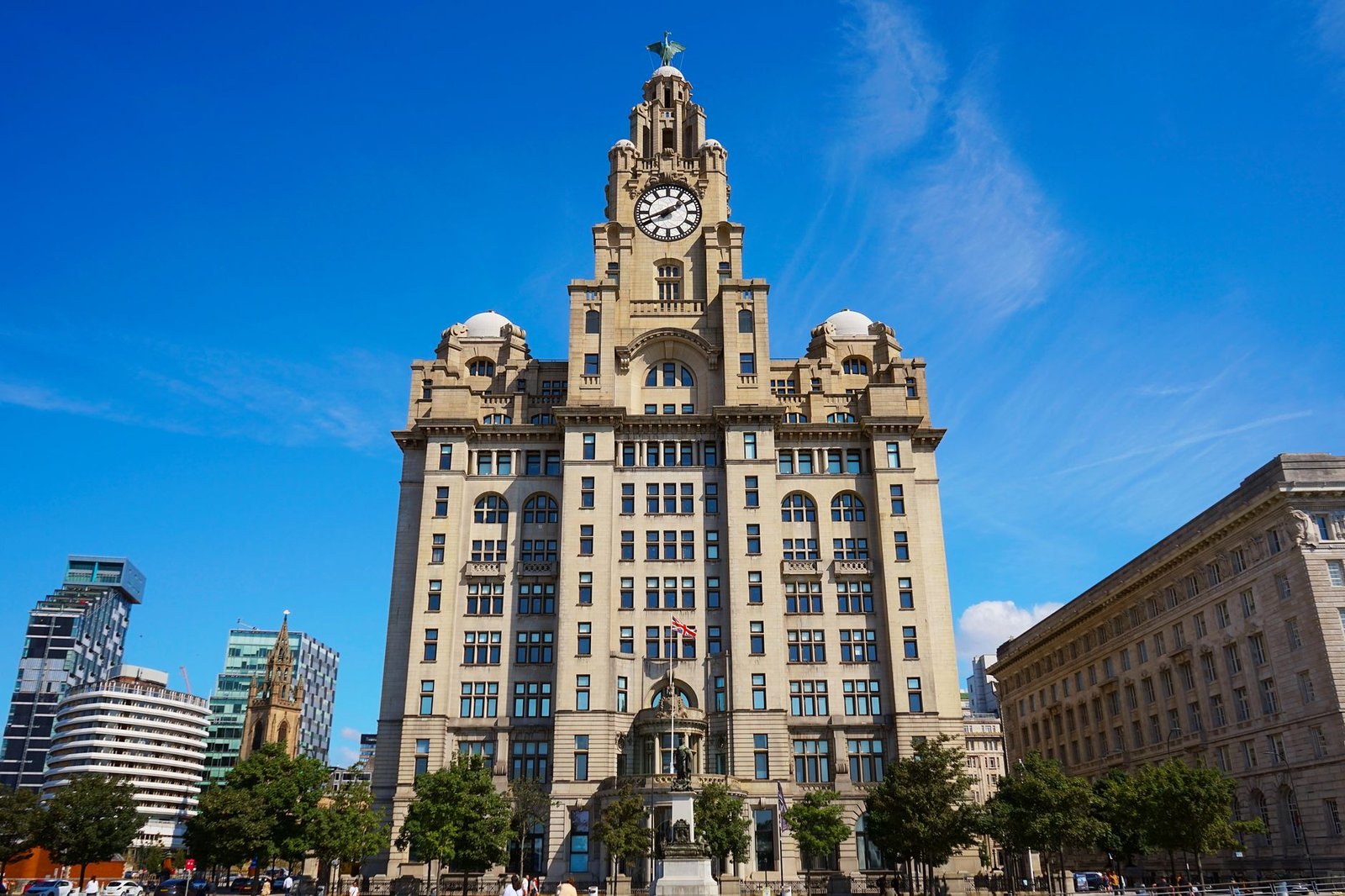 Liverpool waterfront and cruise ship near the terminal
