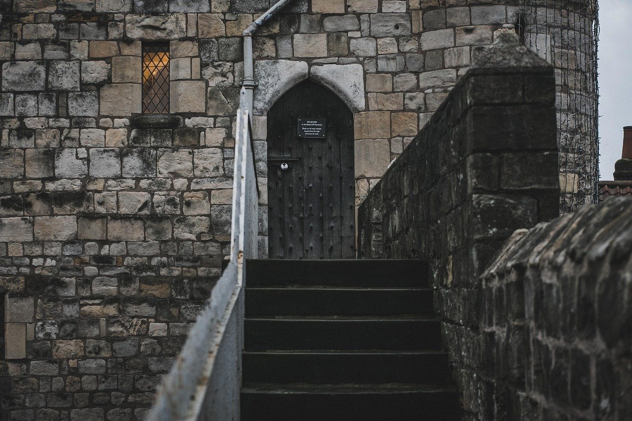 old building, door, york city walls, wall, stairs, steps, railing, walkway, wooden door, entrance, stone wall, york roman wal