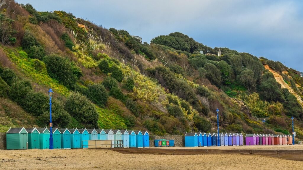 beach, huts, colorful, cliff, travel, nature, tourism, seaside, east cliff, bournemouth, england, uk, united kingdom