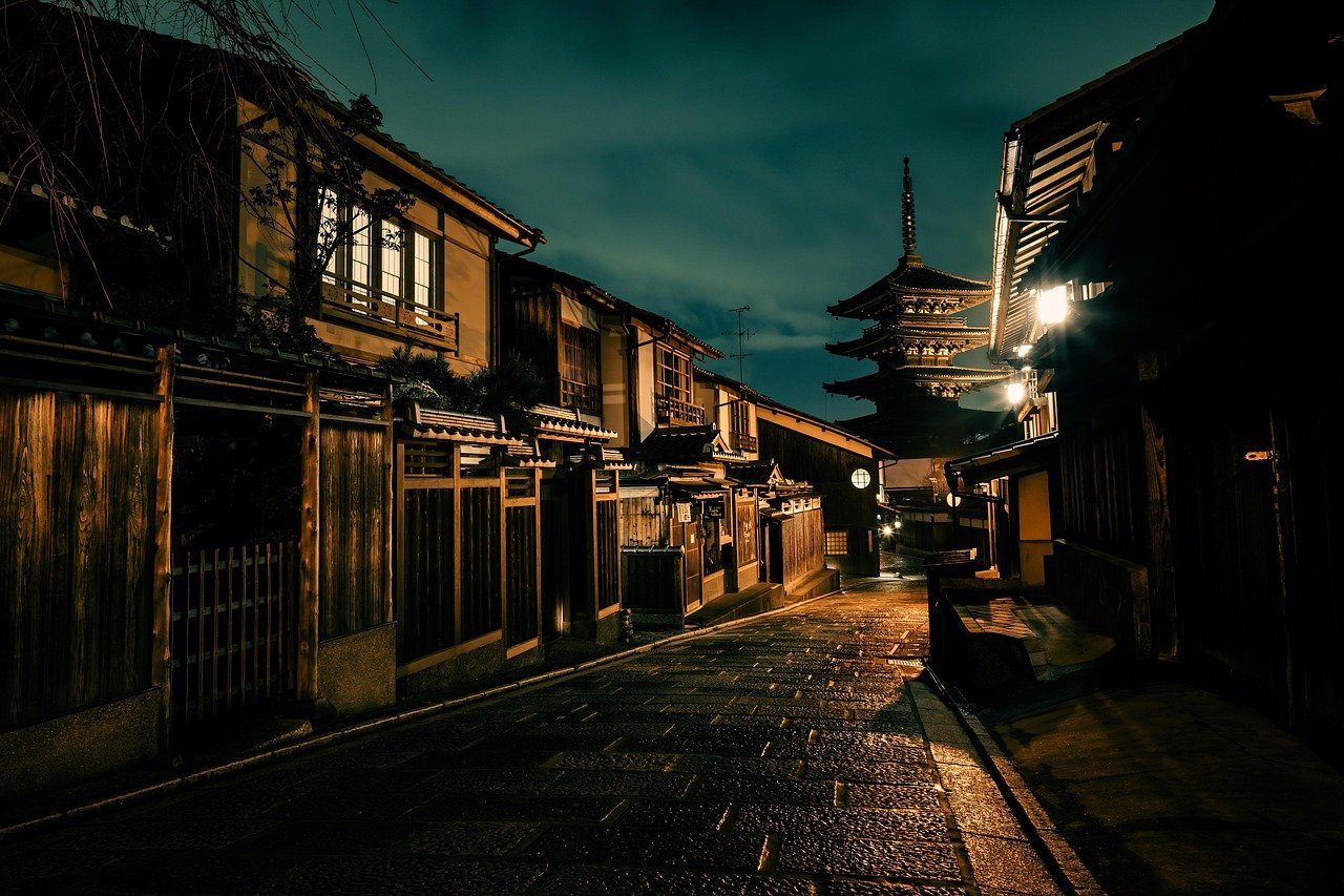 alley, street, houses, buildings, five story pagoda, night view, old town, gion, kyoto, japan, street, kyoto, japan, japan, j