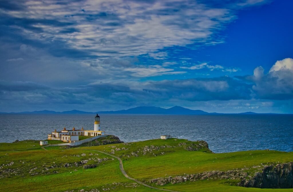 scotland, sea, horizon, meadow, hill, united kingdom, nature, blue, water, heaven, ocean, lighthouse, scenic, summer, next, c