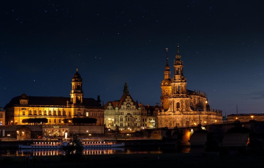 court church, palace, night, lights, illuminated, evening, starry sky, buildings, church, ship, river, elbe, historical, hist