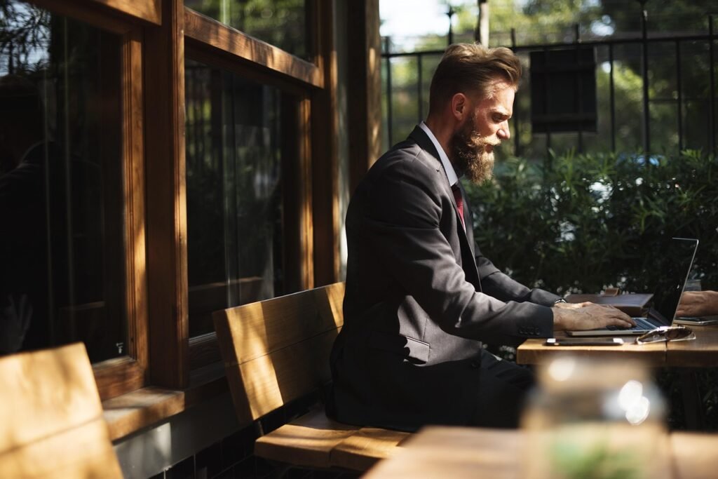 beard, business, business people, cafe, coffee shop, communication, connection, corporate, internet, laptop, man, online, per
