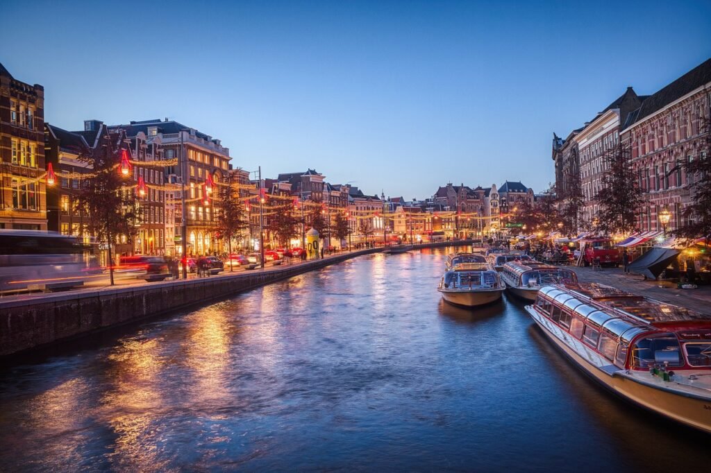 canal, boats, buildings, reflection, city, illuminated, cityscape, transportation, evening, lights, amsterdam, amsterdam, ams
