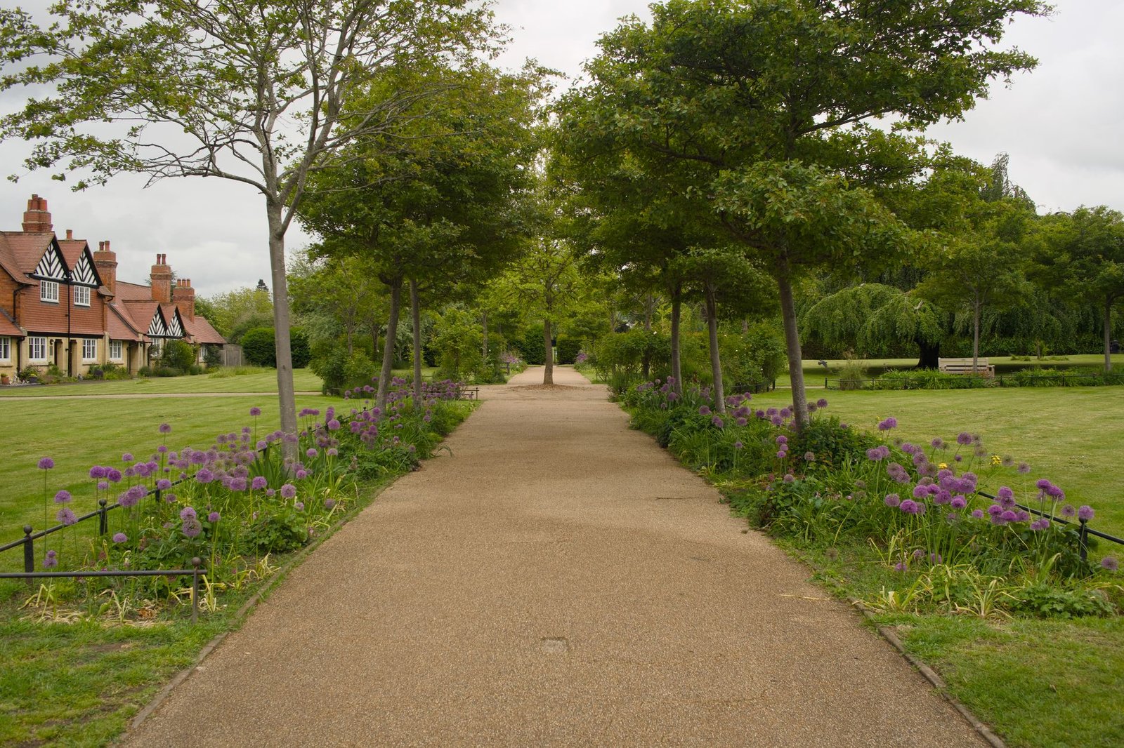 A picturesque pathway lined with trees and purple flowers in Cheltenham, England.