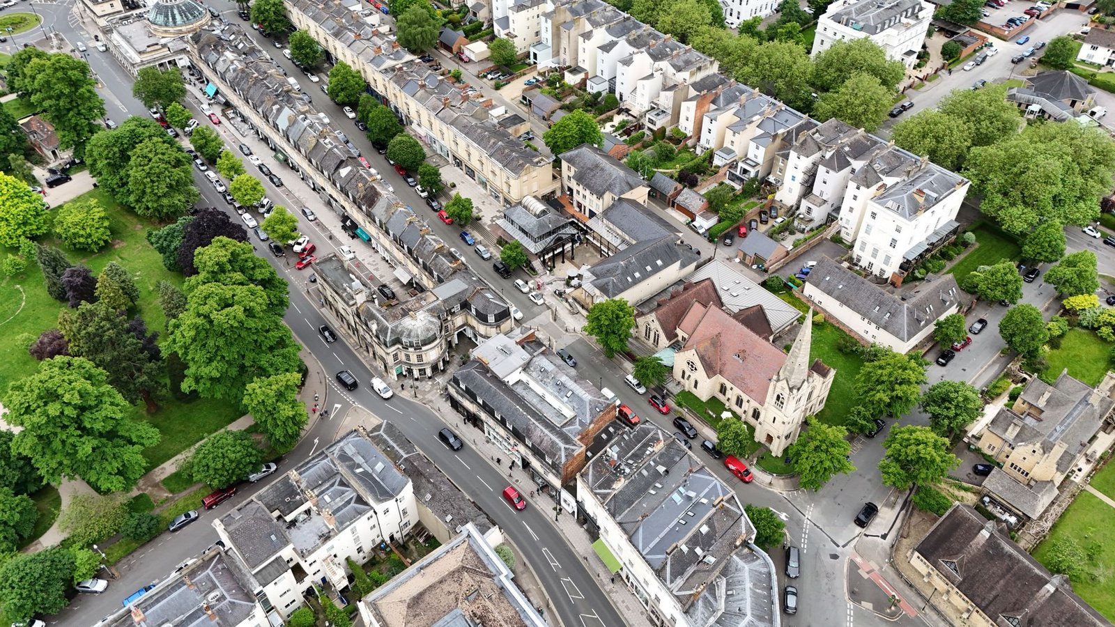 Aerial view of the urban landscape and architecture in Montpellier, England.