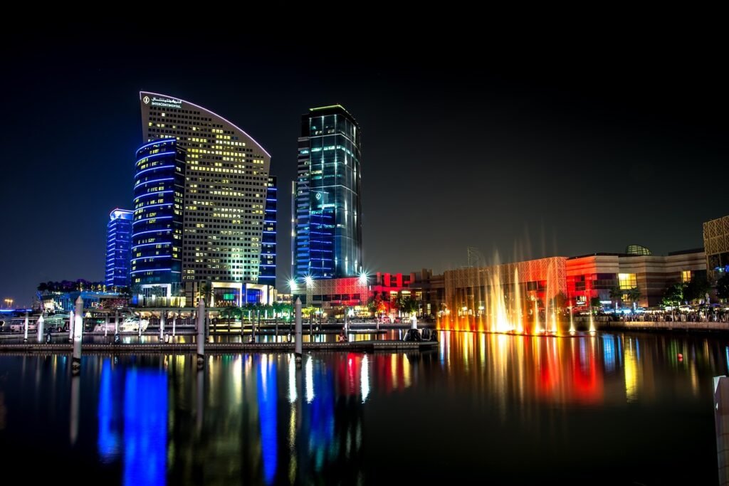 buildings, city, lake, city lights, illuminated, nature, skyscrapers, skyline, cityscape, reflection, water reflection, mirro