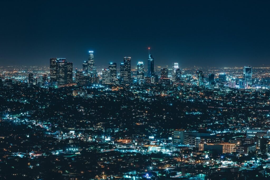 architecture, building, business, city, cityscape, night, illuminated, modern, skyline, skyscraper, tower, travel, urban, blu