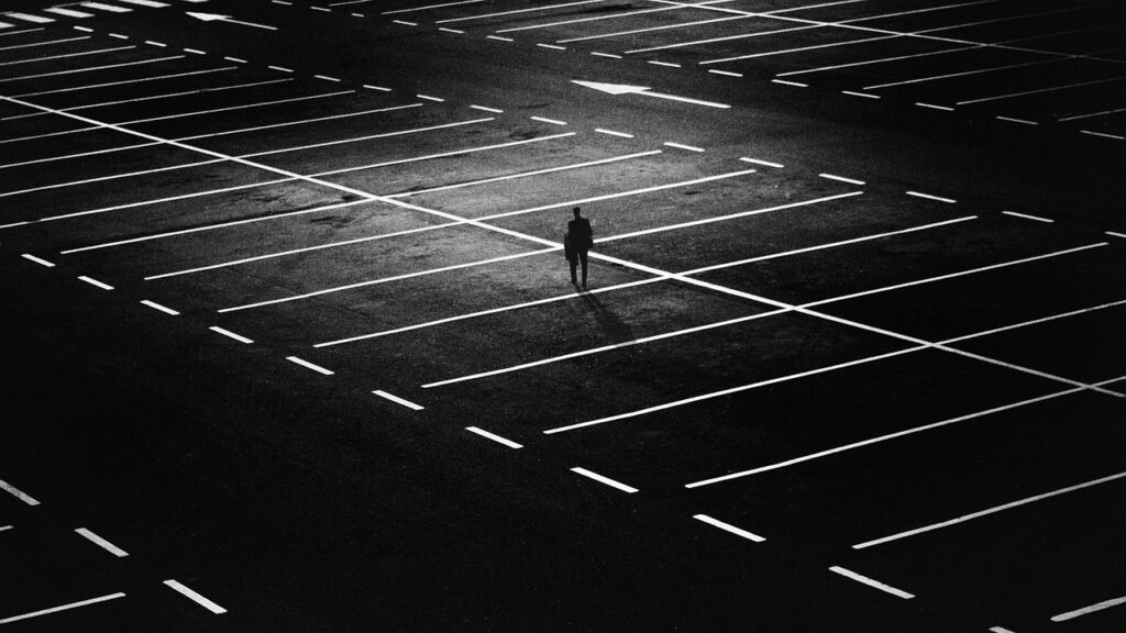 parking space, man, city, person, alone, lonely, lights, gloomy, night, evening, dark, parking lot, urban, man, city, alone,