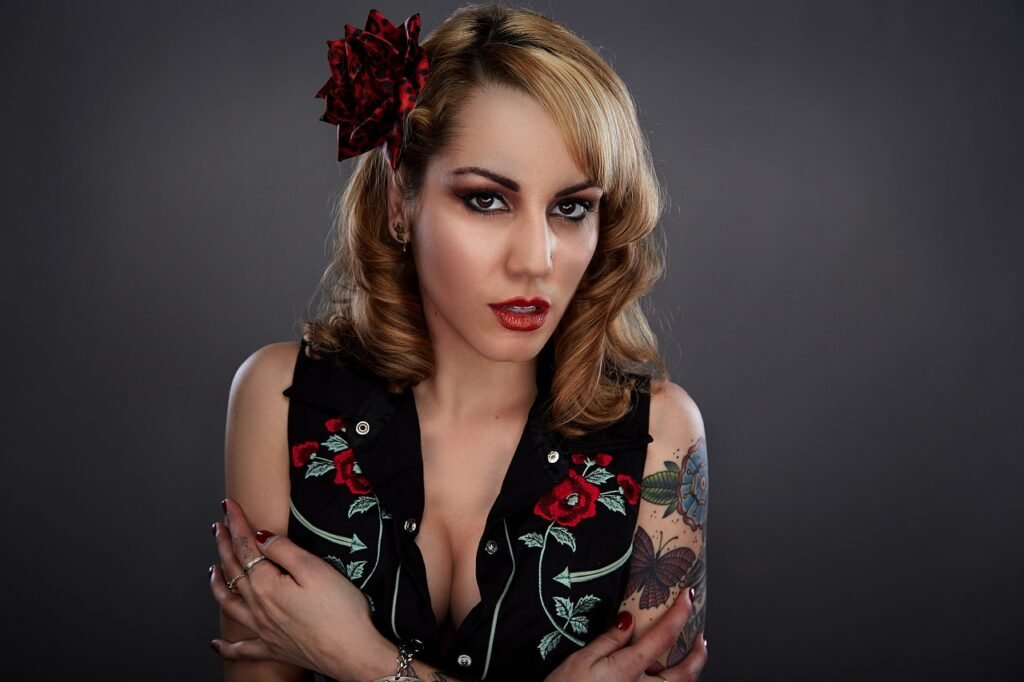 woman, portrait, fashion, vintage, classic, retro, hairstyle, makeup, cosmetics, tattoo, tattooed woman, blonde, face, model,