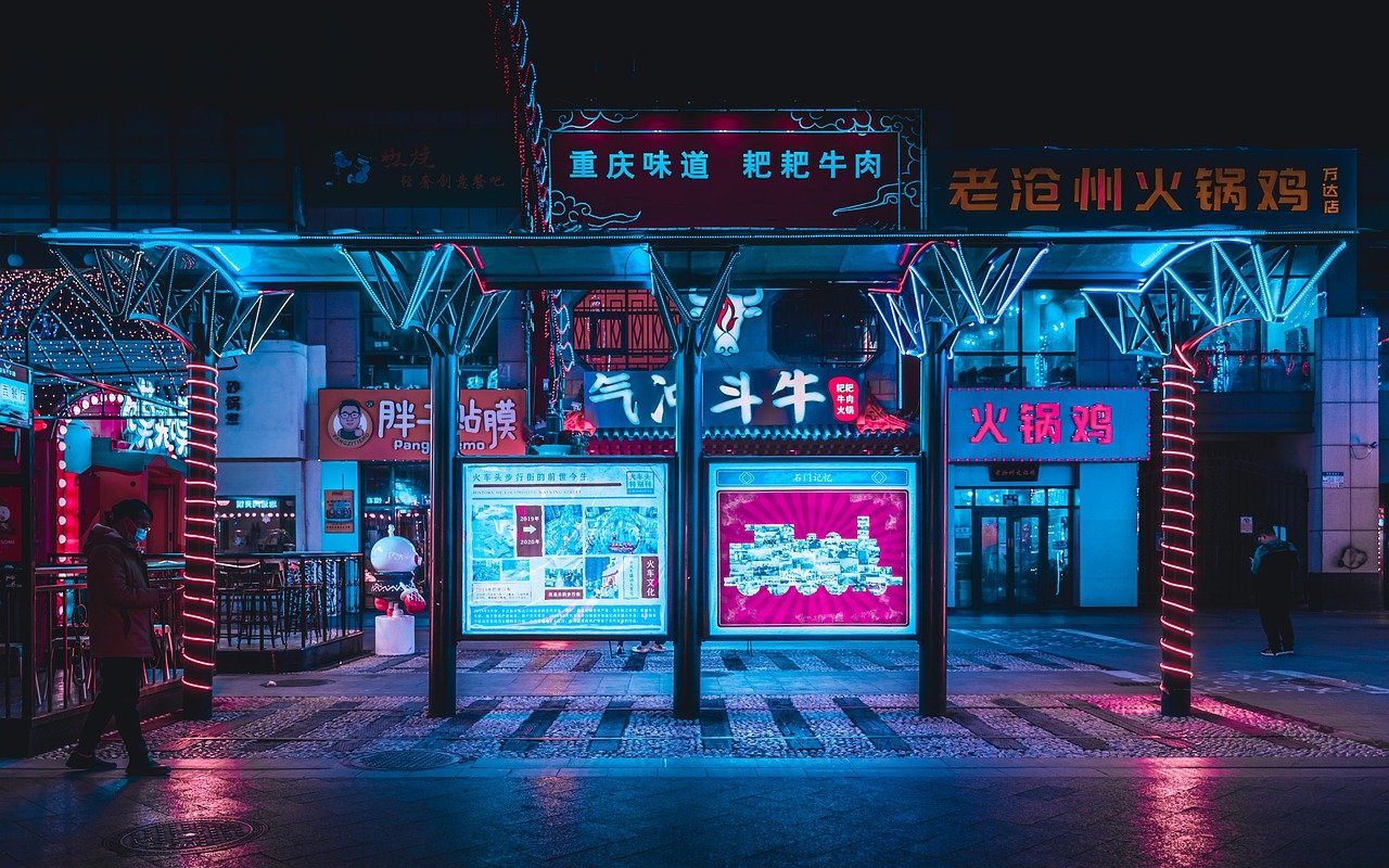 cyberpunk, street, city, platform, lights, signage, stores, shops, night, evening, urban, night view, cyberpunk, cyberpunk, c