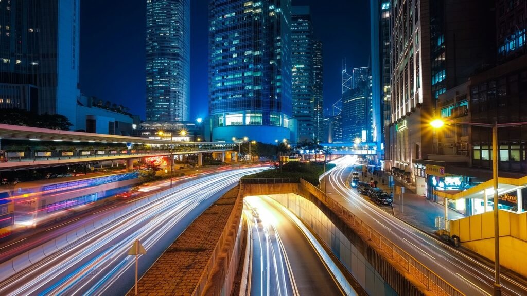 hong kong, city, traffic, lights, illuminated, motion blur, long exposure, city lights, urban, skyscrapers, buildings, modern