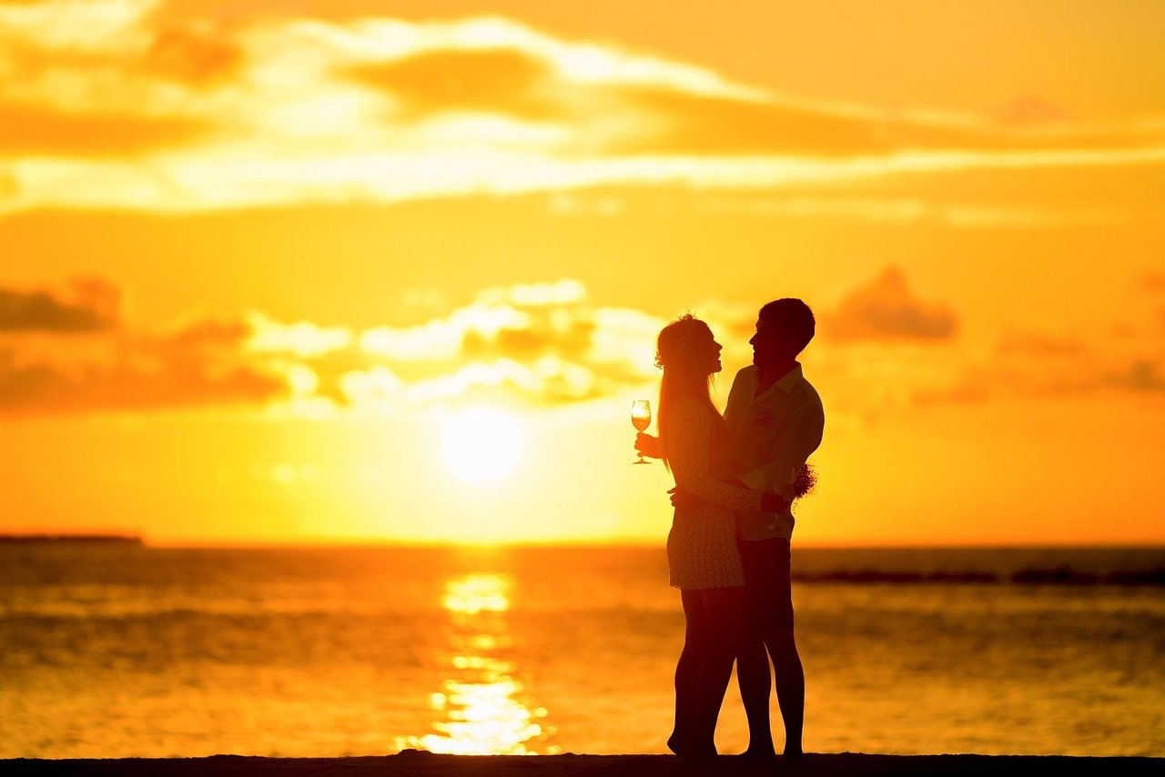 couple, silhouette, beach, sunset, lovers, hug, hugging, relationship, together, backlighting, romantic couple, nature, affec