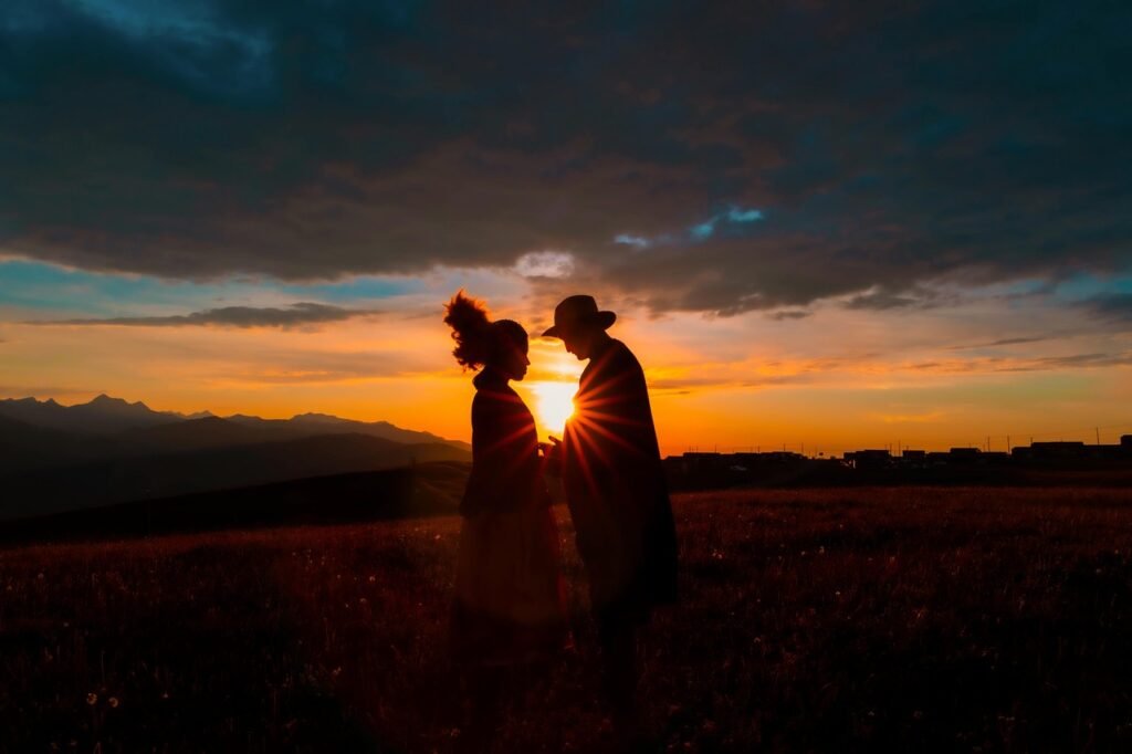 sunset, silhouettes, romantic, together, love, nature, romance, couple