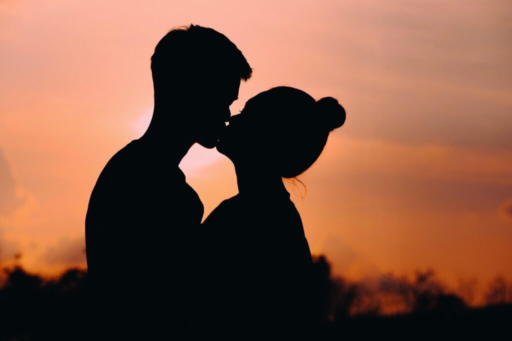 couple, kiss, sunset, silhouette, love, romance, romantic, lovers, nature, relationship, man, woman, together, dusk, dark