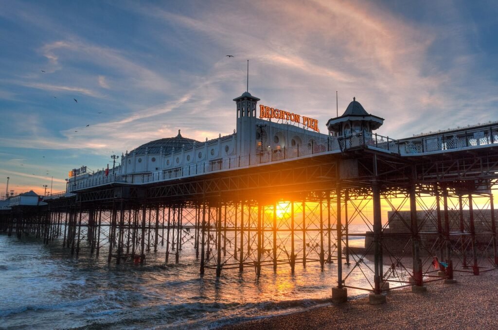 brighton pier, arcade, beach, boardwalk, building, structure, architecture, sunset, dusk, twilight, shore, seashore, birds, b