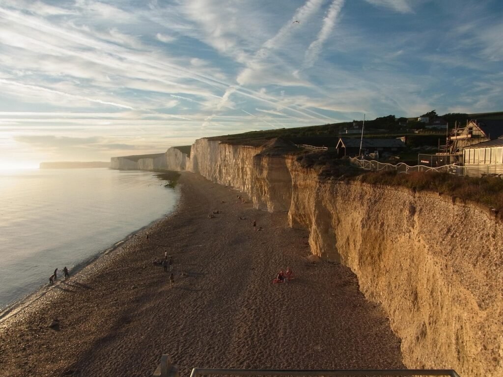 seven sisters, nature, england, sea, cliff, coast, united kingdom, sunset