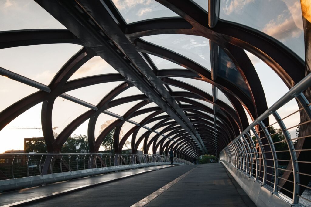 Quiet Salford walkway at twilight