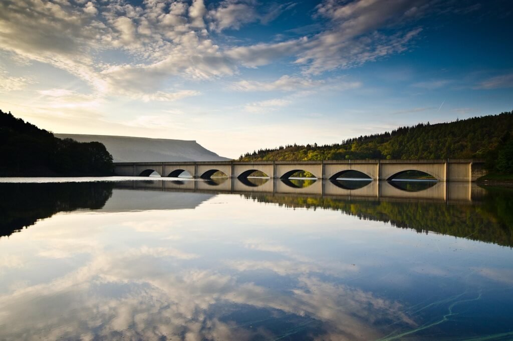 reservoir, bridge, countryside, lake, water, water reflection, scenery, scenic, nature, peak district, peak district national