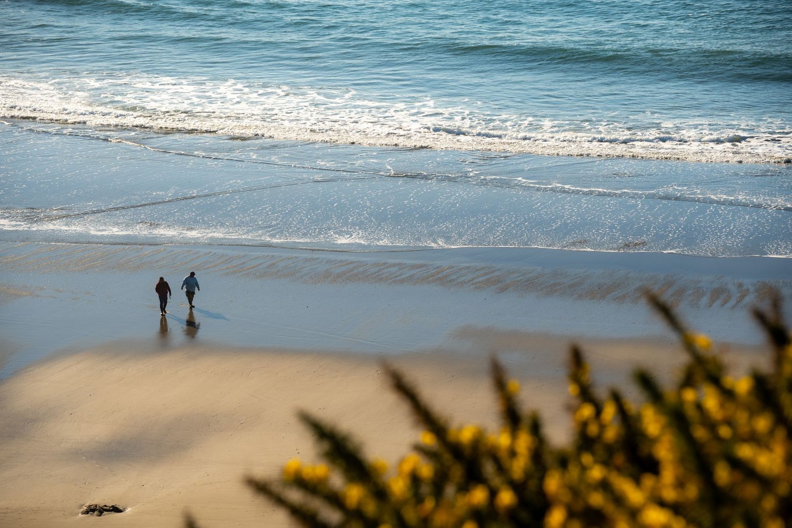 Aerial view of a couple walking along a serene beach with waves gently crashing on the shore.