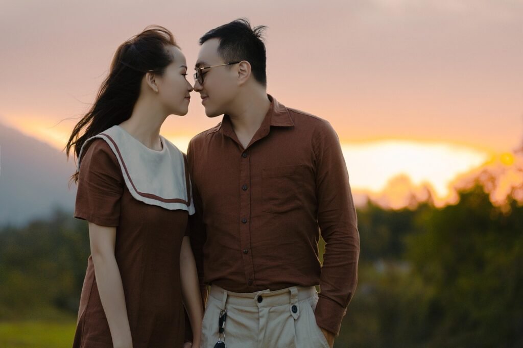 couple, meadow, walking, nature, sunset, outdoors, affection, twilight, sundown, kiss, couple, couple, couple, couple, couple