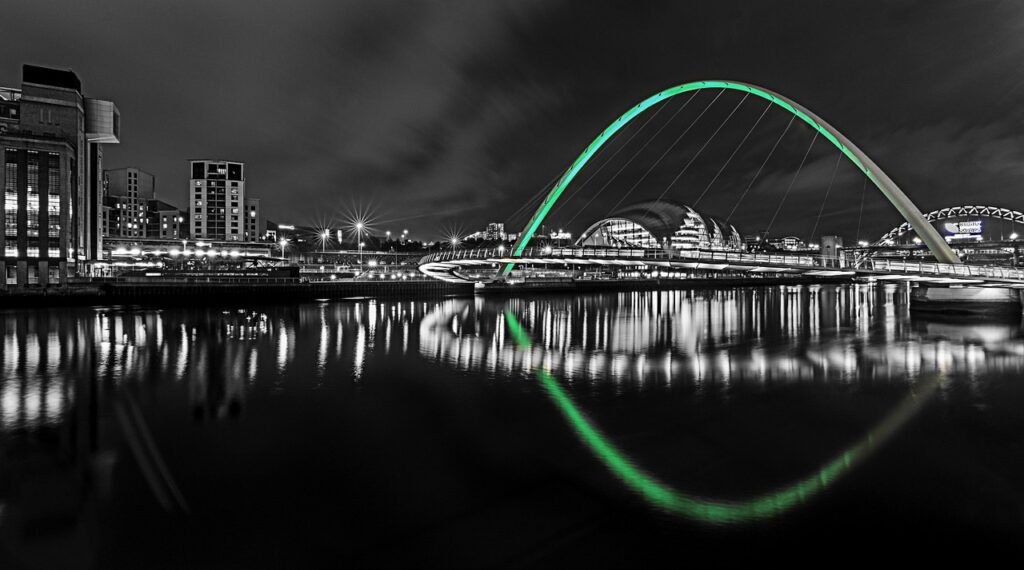 newcastle, upon tyne, night, reflections, bridge, north east england, gray night, gray bridge, newcastle, newcastle, newcastl