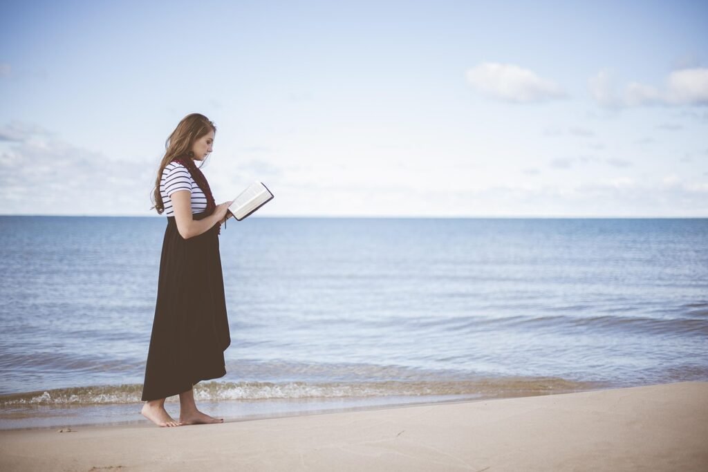 beach, girl, reading, ocean, sand, sea, seashore, water, woman, book, reading a book, nature, reading girl, walk, walking, le