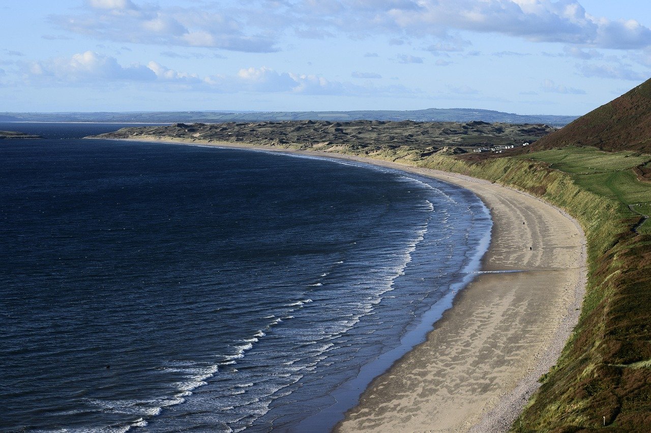 gower, blue sky, wales, swansea, rhossili, sea, coast, beach, water, nature, welsh, bay, landscape, uk, sand, blue, ocean, sk