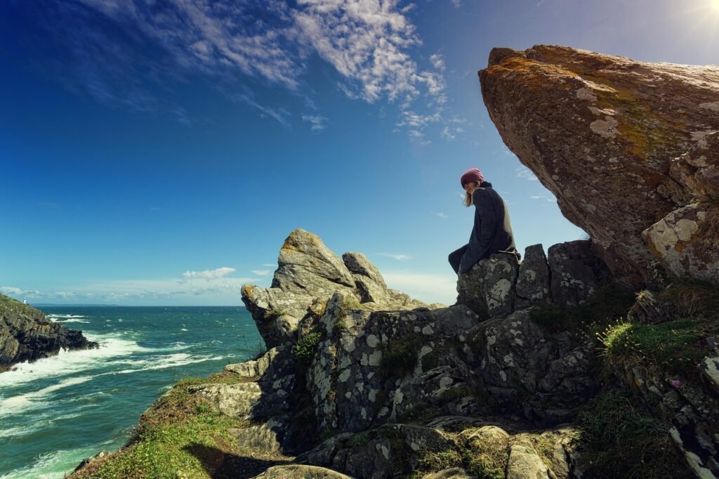 woman, sea, cliffs, rocks, coast, person, landscape, ocean, bay, water, nature, united kingdom, scenic, vacations, person, pe