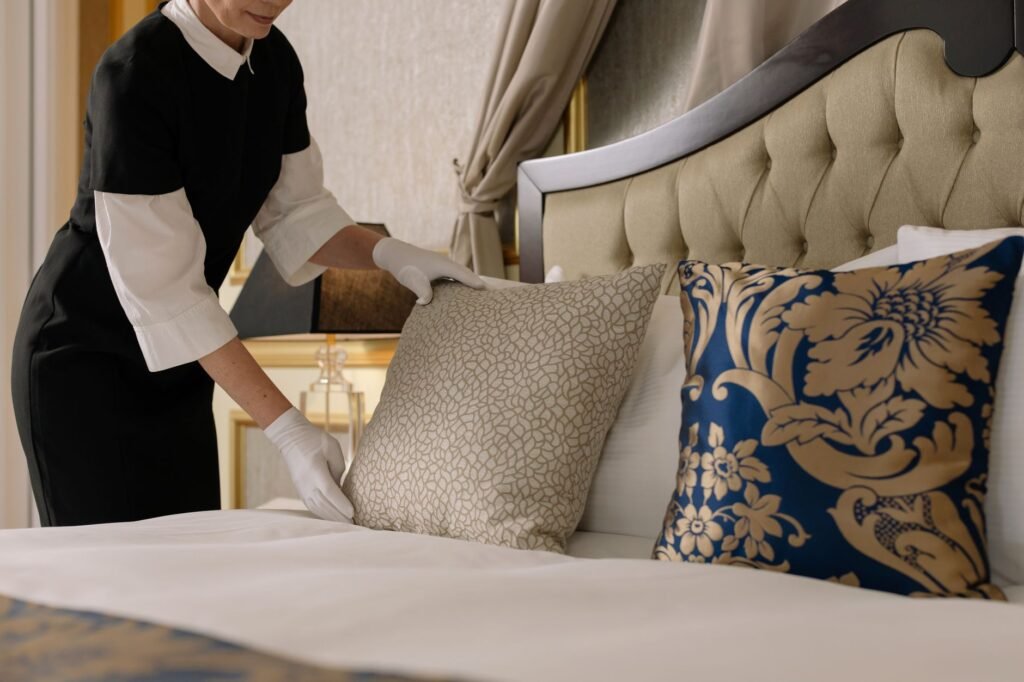 Neat private hotel room prepared for a visitor