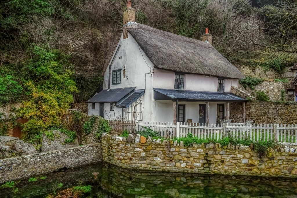 house, cottage, rural, building, home, pond, garden, nature, architecture, rustic, country, village, lulworth cove, dorset, e