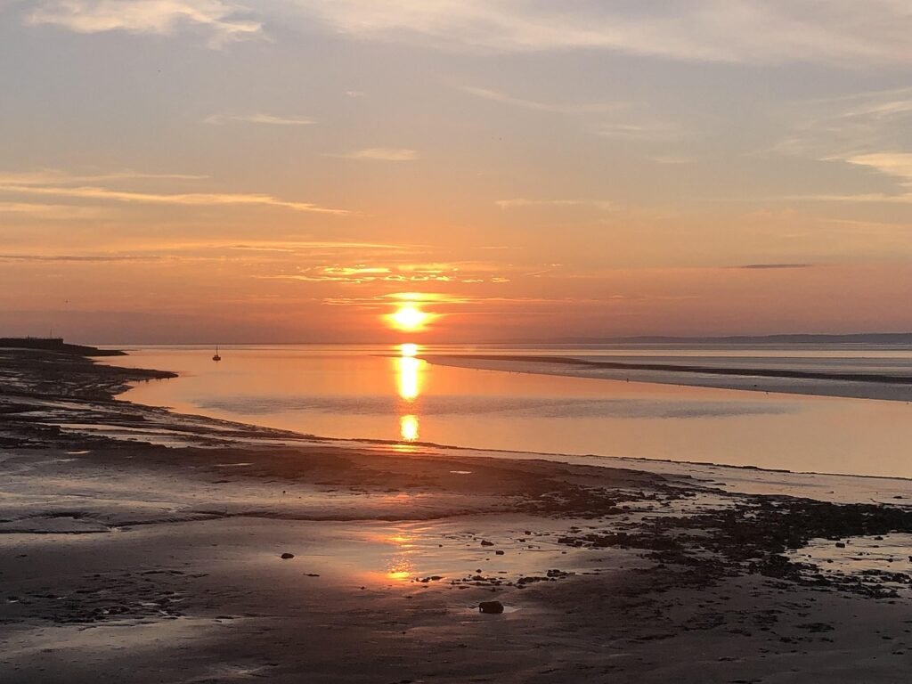 sunset, morecambe bay, nature, lancashire, united kingdom, setting sun