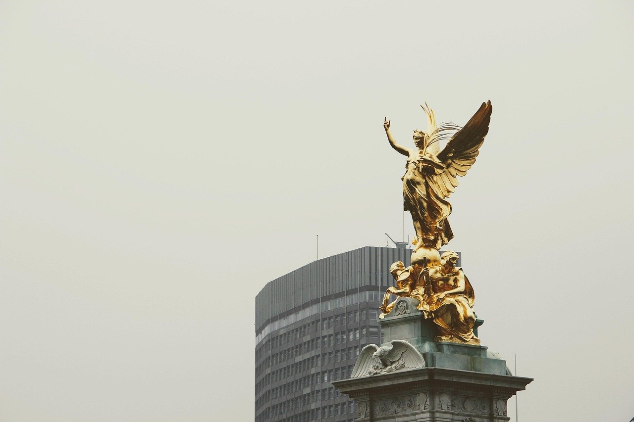 london, england, sculpture, golden, gold, angel, office building, united kingdom