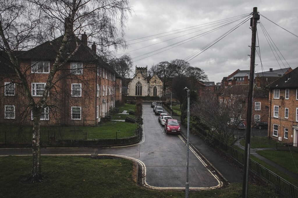 street, town, buildings, houses, road, alley, neighborhood, old, downtown, urban, suburb, city, yorkshire, york, england, uni