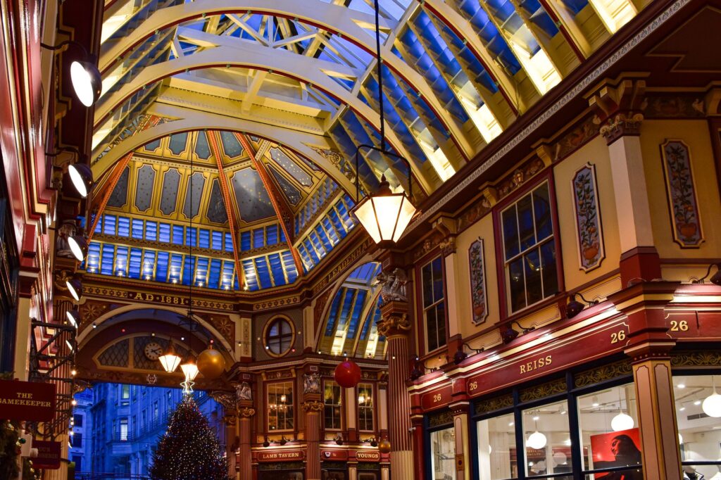 Intricate Victorian architecture of Leadenhall Market in vibrant colors, showcasing London's historic charm.